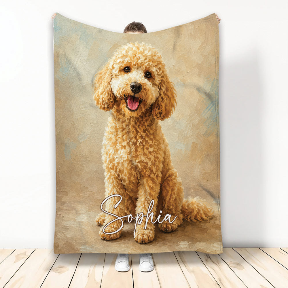 Goldendoodle blanket displayed upright with warm painted dog artwork in soft beige and blue tones