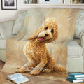 Close view of a Goldendoodle throw blanket featuring playful curly-coated dog artwork on a sofa