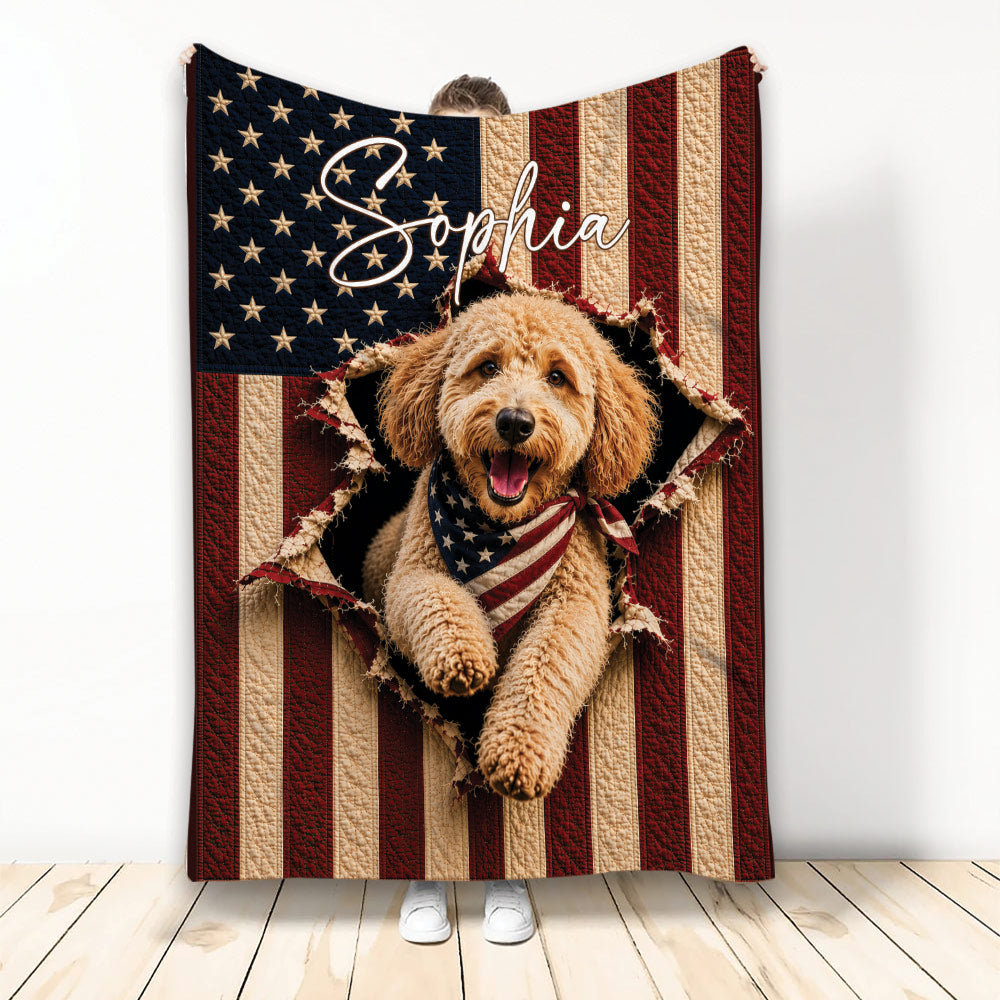 Custom Goldendoodle blanket featuring a curly dog in a patriotic American flag design