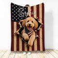 Custom Goldendoodle blanket featuring a curly dog in a patriotic American flag design
