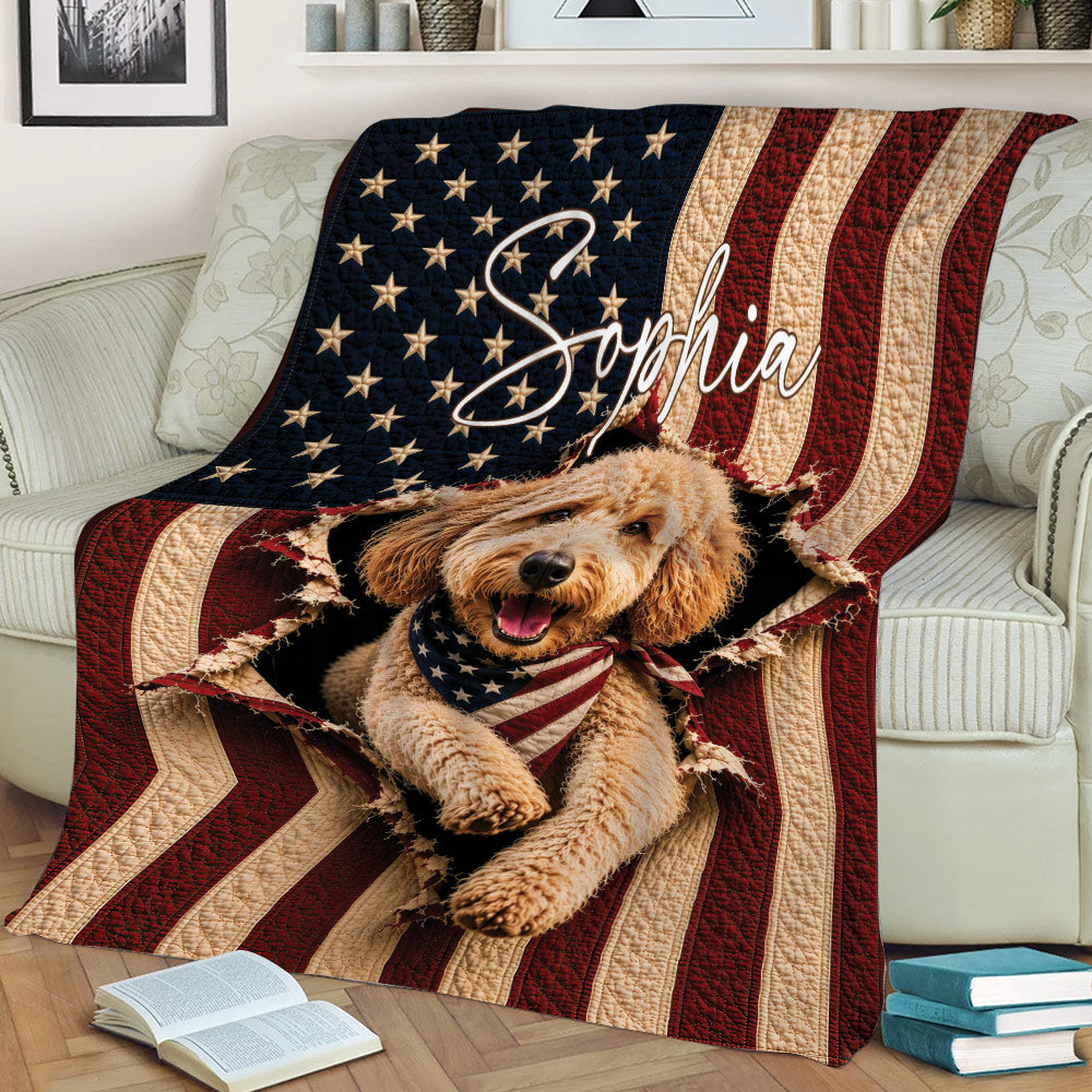 Patriotic Goldendoodle throw blanket draped over a couch with a curly dog design