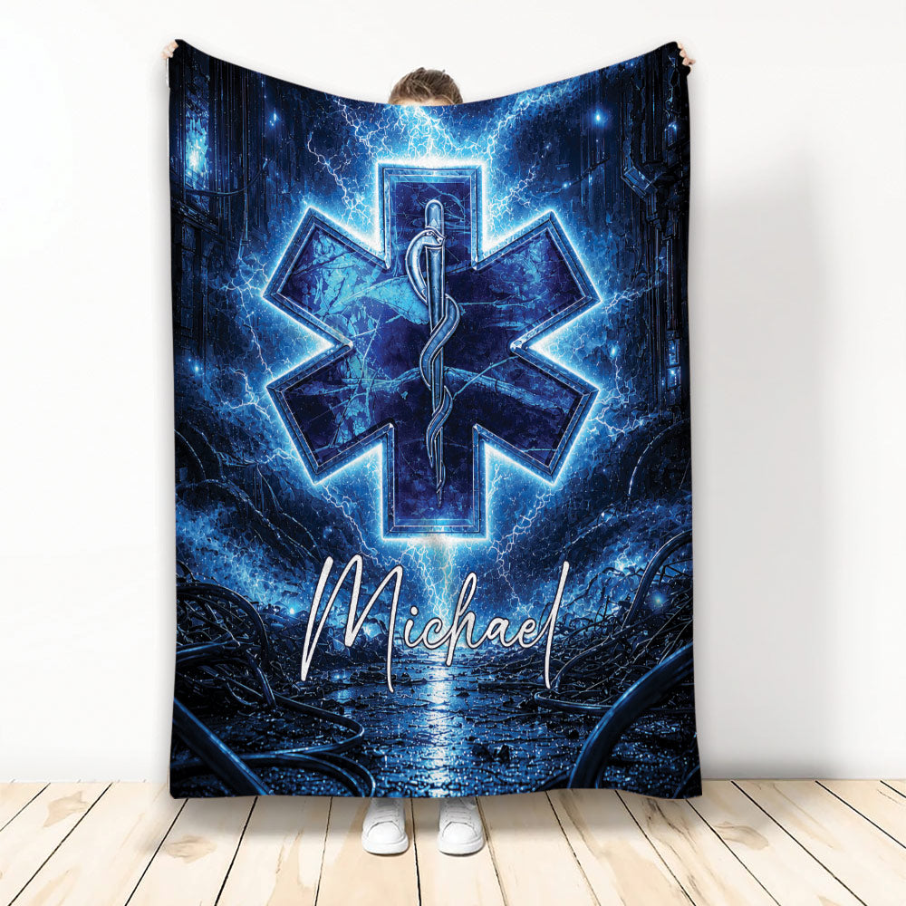 Paramedic blanket displayed vertically with a glowing blue Star of Life and caduceus medical artwork