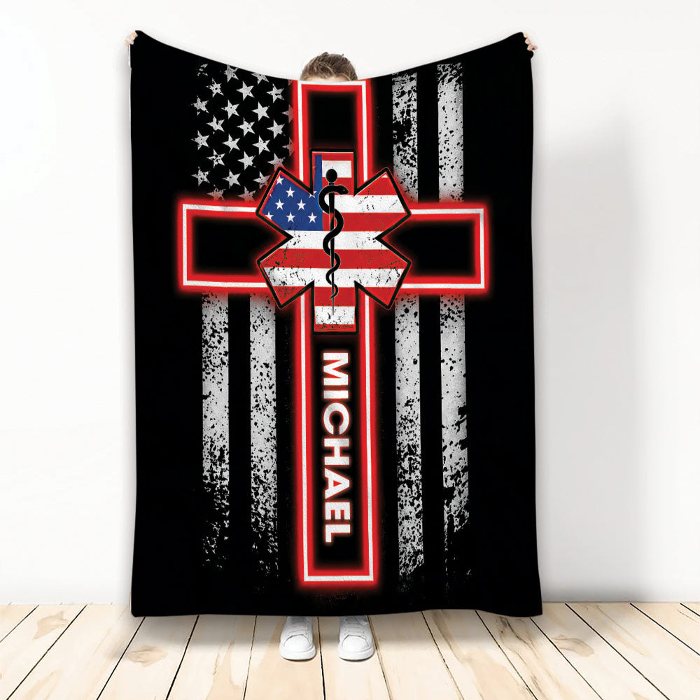 Paramedic blanket featuring a distressed American flag Star of Life design with bold black, white, and red artwork