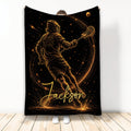 Black and gold lacrosse player artwork on a starry custom throw blanket