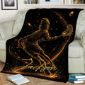 Lacrosse player throw blanket displayed across a sofa with dramatic golden artwork