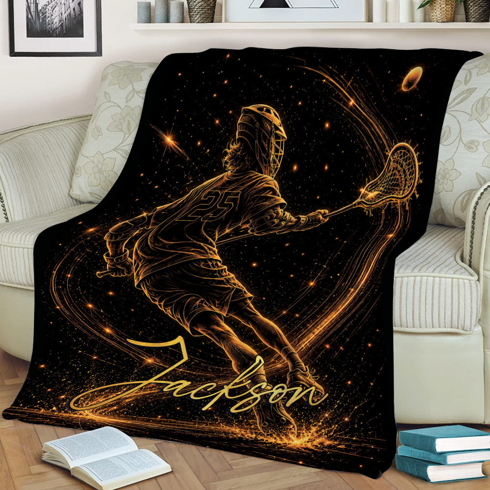 Lacrosse player throw blanket displayed across a sofa with dramatic golden artwork