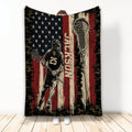 Lacrosse throw blanket featuring a player with a stick and distressed American flag artwork