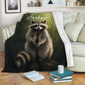 Raccoon throw blanket displayed on a sofa with realistic wildlife artwork