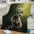 Raccoon blanket draped over a couch featuring a realistic seated raccoon