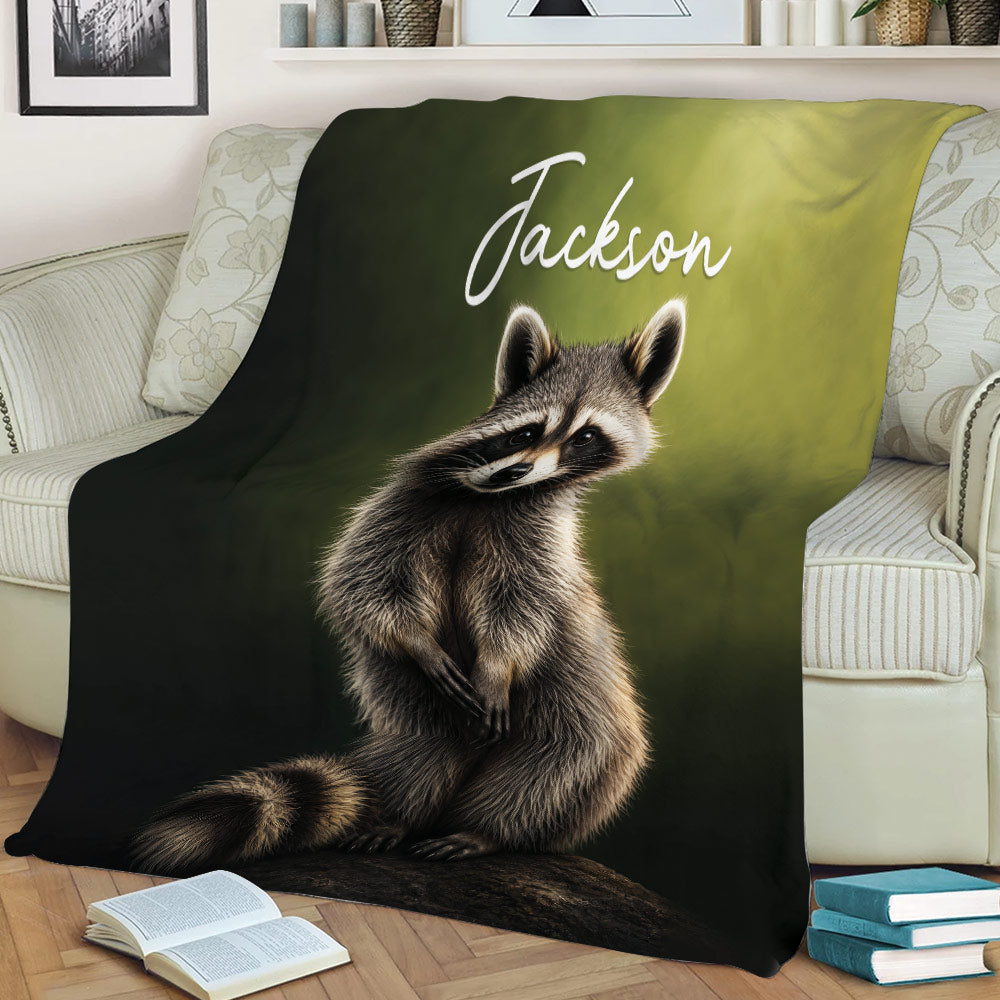 Raccoon blanket draped over a couch featuring a realistic seated raccoon