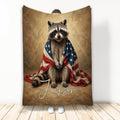 Raccoon throw blanket featuring a patriotic American flag design in a cozy lifestyle display