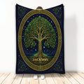 Tree of Life blanket with Celtic-inspired knotwork, leafy branches, starry night sky, and deep blue artwork