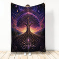 Tree of Life blanket with purple celestial sky, moon phases, mountain landscape, and intricate roots