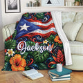 Puerto Rico tropical flag throw blanket draped over a sofa in a cozy living room