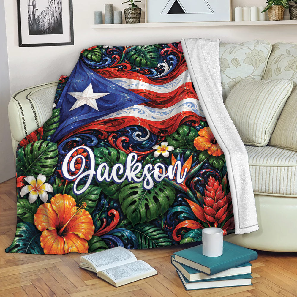 Puerto Rico tropical flag throw blanket draped over a sofa in a cozy living room