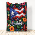 Puerto Rico flag blanket with tropical flowers, lush leaves, and colorful island-inspired artwork