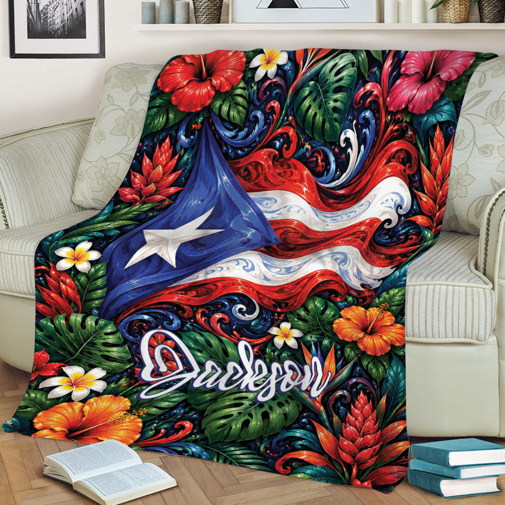 Puerto Rico flag and tropical floral throw blanket displayed across a sofa