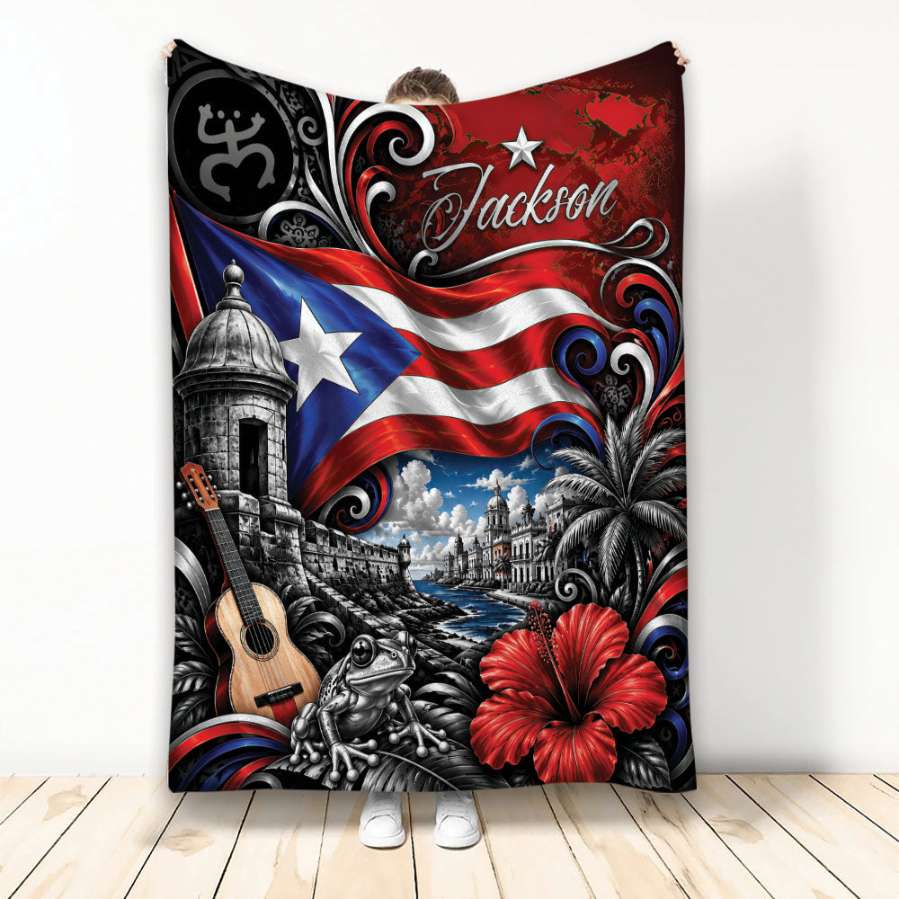 Puerto Rico throw blanket featuring the flag, historic fort, guitar, coquí frog, hibiscus, and coastal scenery