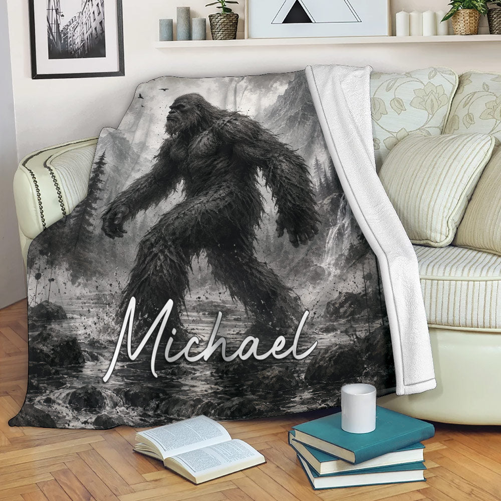 Bigfoot throw blanket draped over a sofa with grayscale forest, mountain, and waterfall artwork