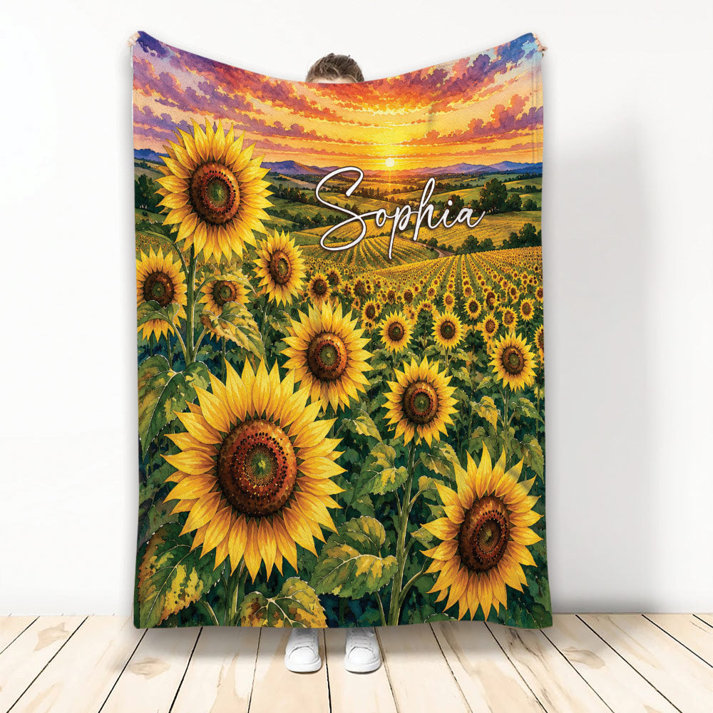 Sunflower throw blanket with colorful sunset field artwork displayed in a full-length lifestyle setting