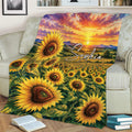 Colorful sunflower throw blanket spread across a sofa, featuring a glowing sunset and flower field