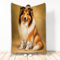 Rough Collie throw blanket displayed upright with a realistic long-haired dog design in warm golden tones