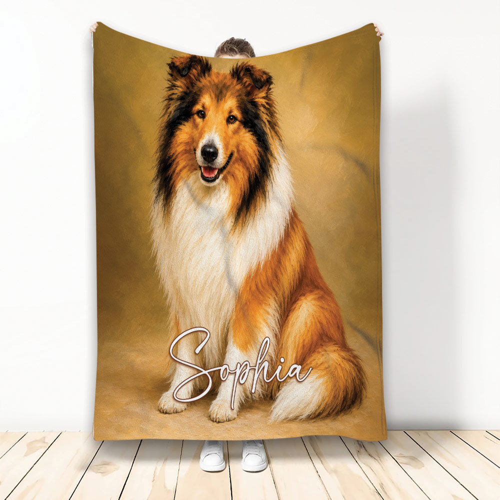 Rough Collie throw blanket displayed upright with a realistic long-haired dog design in warm golden tones