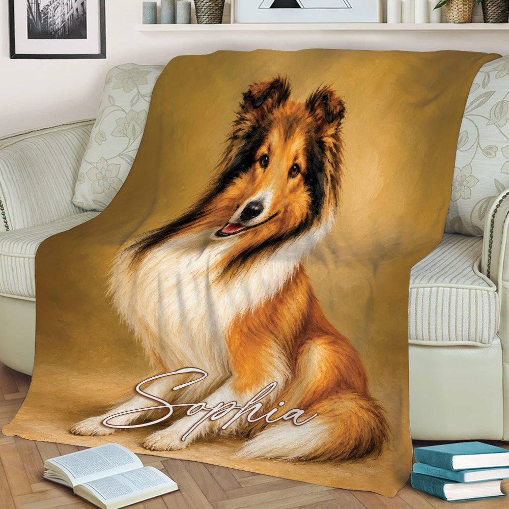 Rough Collie throw blanket styled across a sofa, featuring a realistic seated dog portrait in warm colors