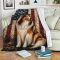 Patriotic Rough Collie blanket draped over a sofa in a cozy reading space
