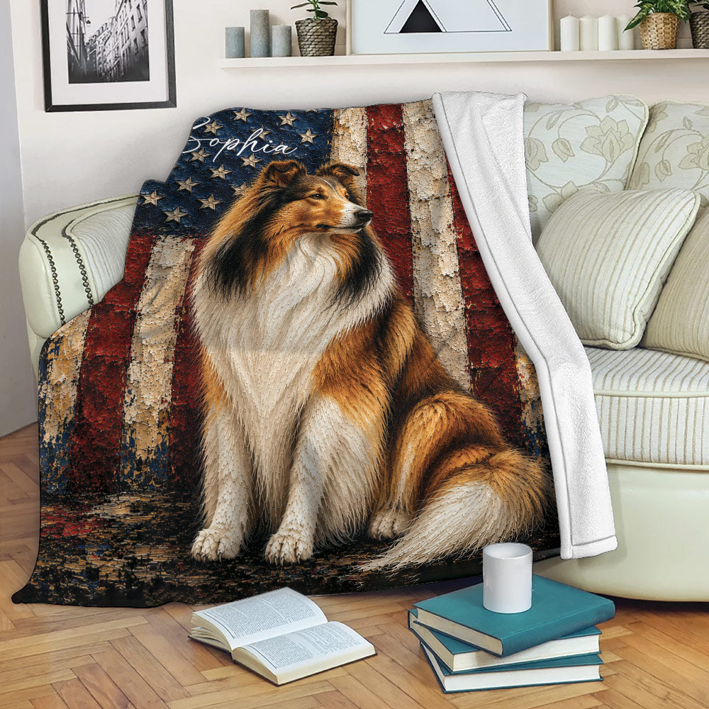 Patriotic Rough Collie blanket draped over a sofa in a cozy reading space