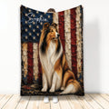 Rough Collie throw blanket with patriotic American flag artwork and starry blue background