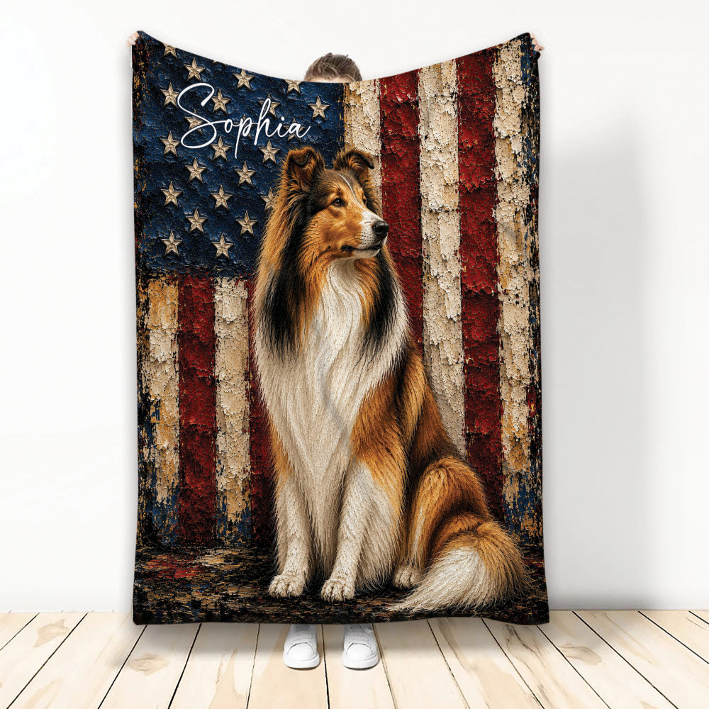 Rough Collie throw blanket with patriotic American flag artwork and starry blue background