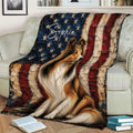 Rough Collie throw blanket displayed on a sofa with rustic American flag artwork