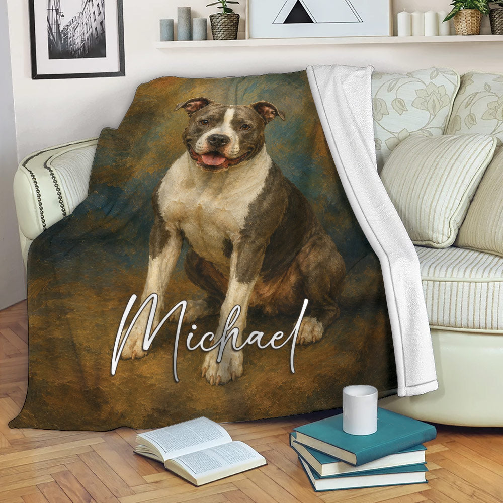 American Staffordshire dog throw blanket displayed on a sofa in a cozy living room setting