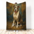 American Staffordshire dog portrait blanket with expressive artwork in rich brown, blue, and gold tones