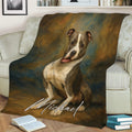 American Staffordshire dog blanket draped over a couch with painterly brown and blue artwork