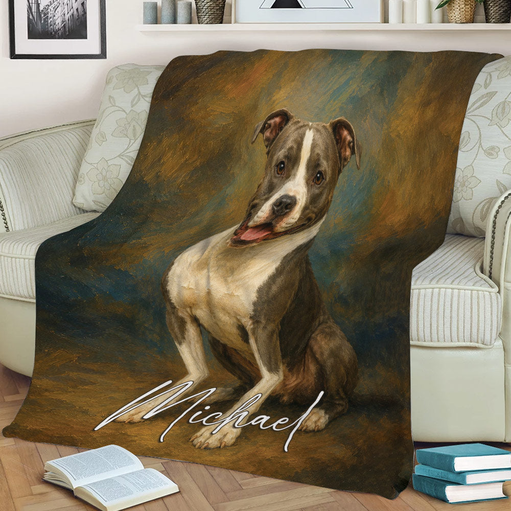 American Staffordshire dog blanket draped over a couch with painterly brown and blue artwork