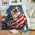 American Staffordshire dog throw blanket displayed on a sofa with patriotic flag design