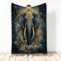 Ornate blue and gold elephant artwork displayed on a custom throw blanket