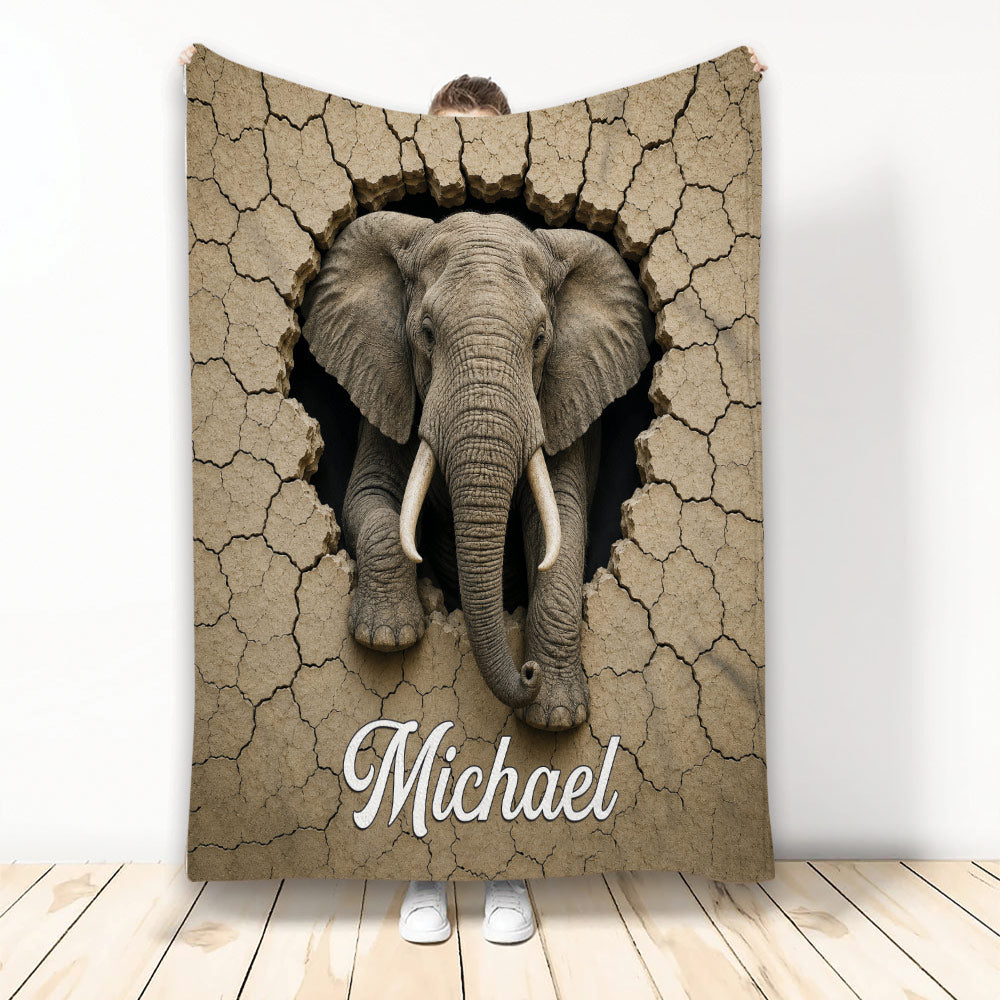 Elephant blanket with dramatic cracked earth artwork and a centered elephant design