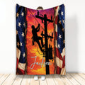 Patriotic lineman blanket featuring a utility worker silhouette, electrical pole, sunset colors, and American flag accents