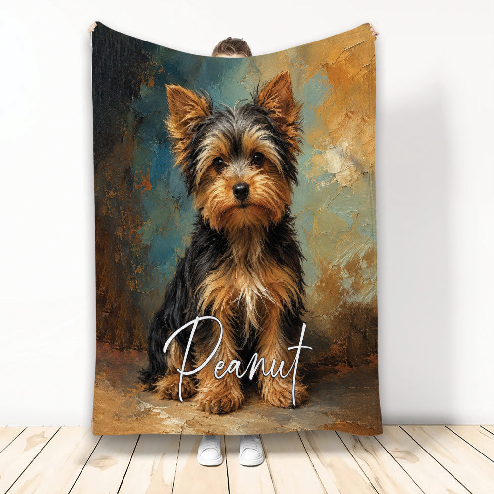 Yorkshire Terrier blanket featuring a black and tan Yorkie against a textured blue and bronze artistic background