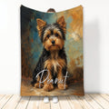Yorkshire Terrier blanket featuring a black and tan Yorkie against a textured blue and bronze artistic background