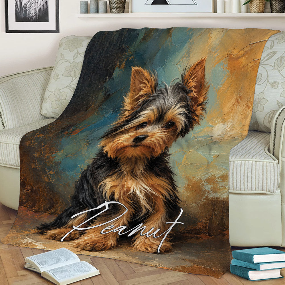 Yorkshire Terrier blanket draped over a sofa, featuring expressive Yorkie artwork in black, tan, blue and bronze