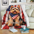 Yorkshire Terrier throw blanket displayed on a sofa with patriotic red, white and blue artwork