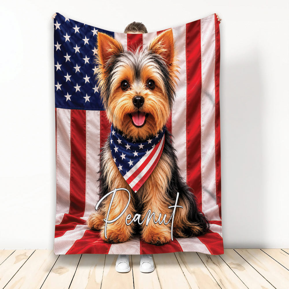 Yorkshire Terrier blanket featuring a small tan and black dog with American flag artwork