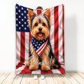 Yorkshire Terrier blanket featuring a small tan and black dog with American flag artwork