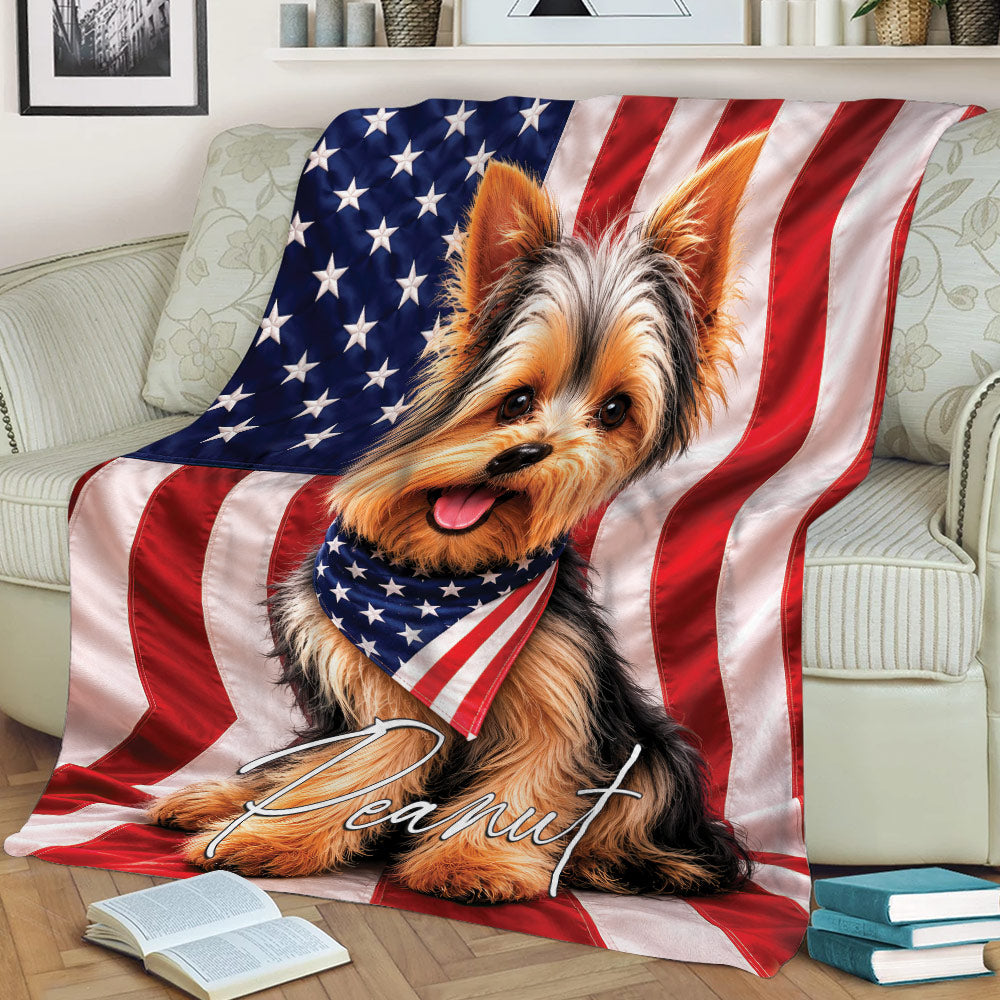 Yorkshire Terrier blanket draped across a sofa with American flag design and cozy living room styling