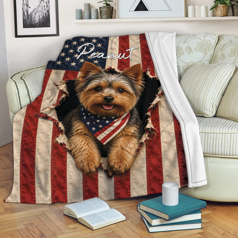 Yorkshire Terrier throw blanket displayed on a sofa with patriotic flag artwork and a cozy living room setting