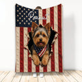 Yorkshire Terrier blanket featuring a patriotic red, white and blue flag design with a dog emerging through the artwork